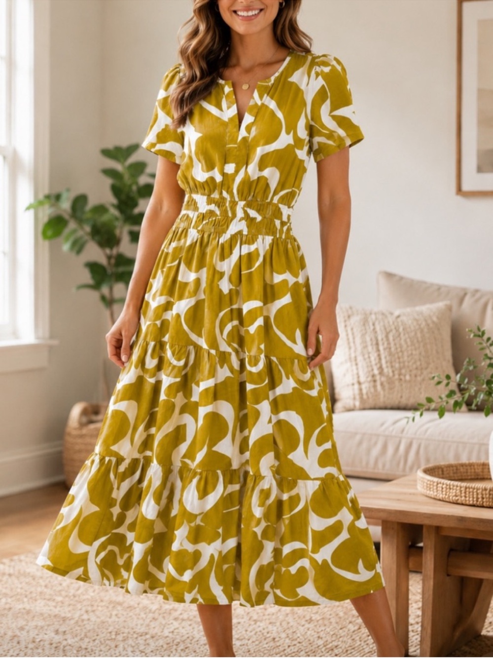 Meadow Rhodes Smocked Midi Dress in Mustard Yellow Sz S